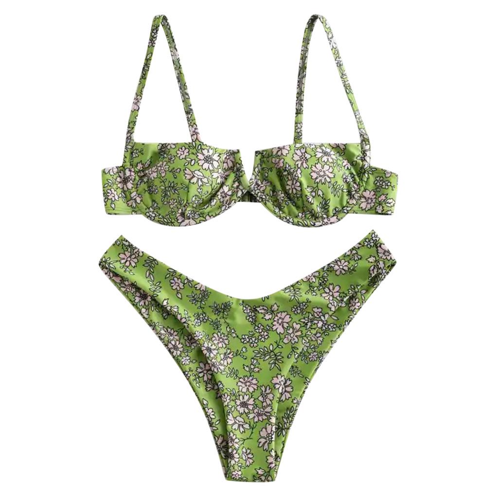 Women Flower Printed High Cut V Wired Bikini Swimwear Swimsuit Beachwear