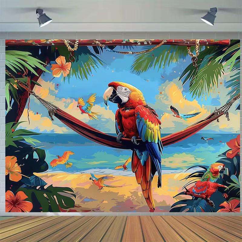 Tropical Parrot Beach Tapestry, Colorful Macaw Hammock Background Cloth, Summer Wall Decor