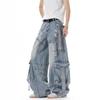 Unisex Deconstructed Ribbon Cargo Denim Jeans - Trendy Autumn Ripped Wide-Leg Multi-Pocket Style for High Street