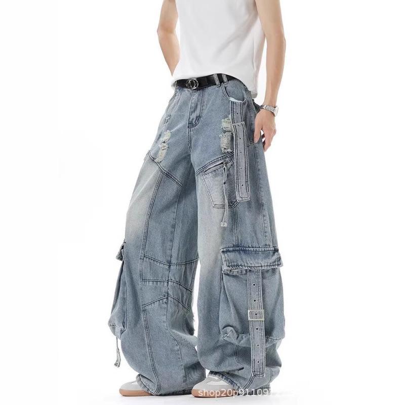 Unisex Deconstructed Ribbon Cargo Denim Jeans - Trendy Autumn Ripped Wide-Leg Multi-Pocket Style for High Street