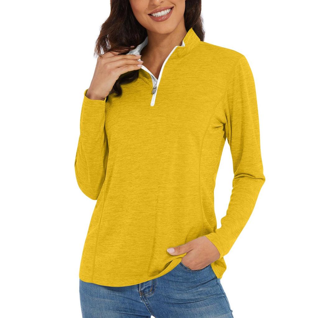 Women's Casual Fashion Solid Color Long Sleeve Zipper Neck Top T-shirt