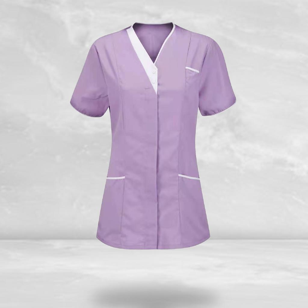 Hochwertiges Sommer-T-Shirt für Damen in großen Größen, V-Ausschnitt, Taschen, kurze Ärmel, Knöpfe, Arbeitsuniform für die Krankenpflege