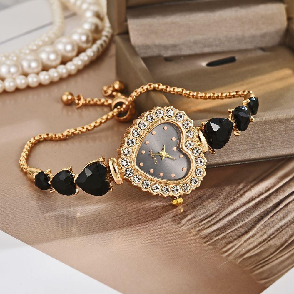 Elegant Alloy Women Watch Heart-shaped Diamond Quartz Wristwatch Adjustable Strap Bracelet Watch Daily