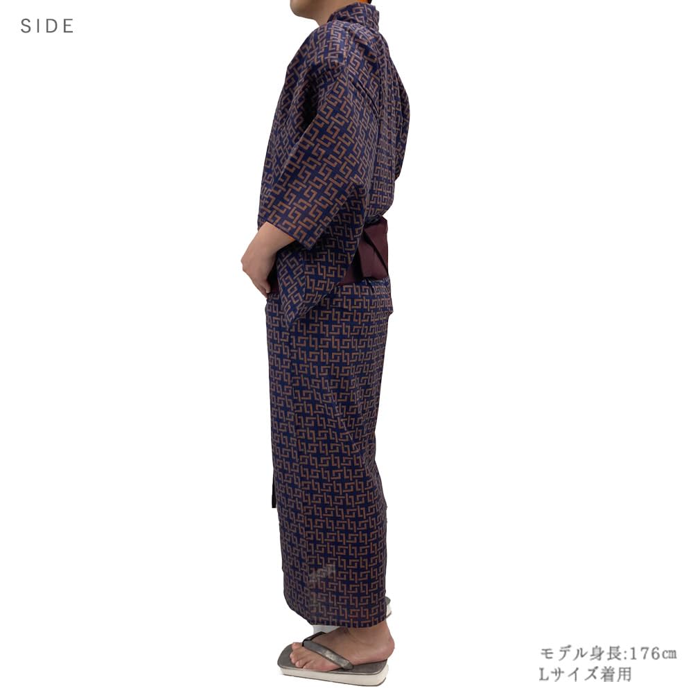 Kimono Yukata Set obi Waterfall Sayagata White and Navy [Kyoto Yuzen] Men's (2 pieces) Cotton, One-touch belt, Men's kimono, pattern, design, (Navy,