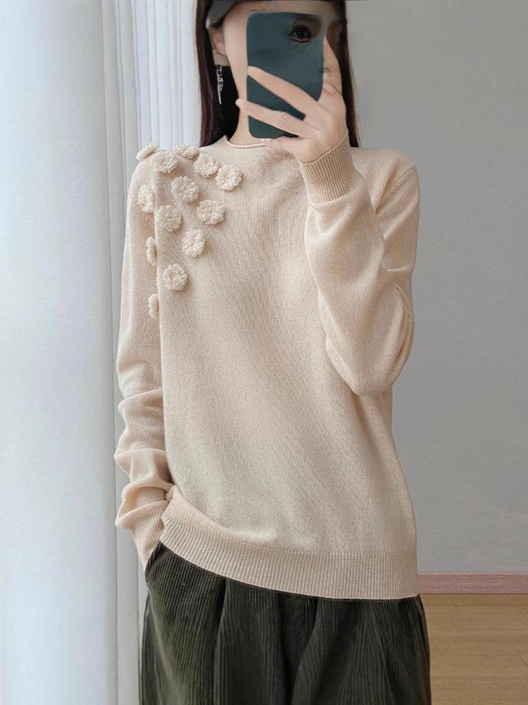 Women's Handmade Pure Wool Sweater - Soft, Fluffy, Versatile with Half-High Collar for Autumn and Winter