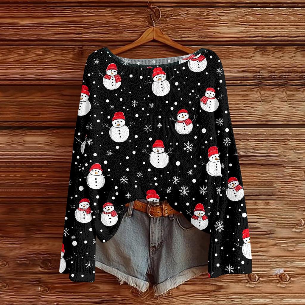 Women's Round Neck Lightweight Sweater Casual Long Sleeve Christmas Print Knit Pullover.