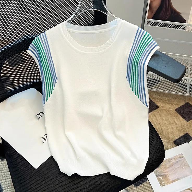 Women's Summer Ice Silk Spliced Sleeveless Knitted Vest Commute Thin Pullover T-shirt
