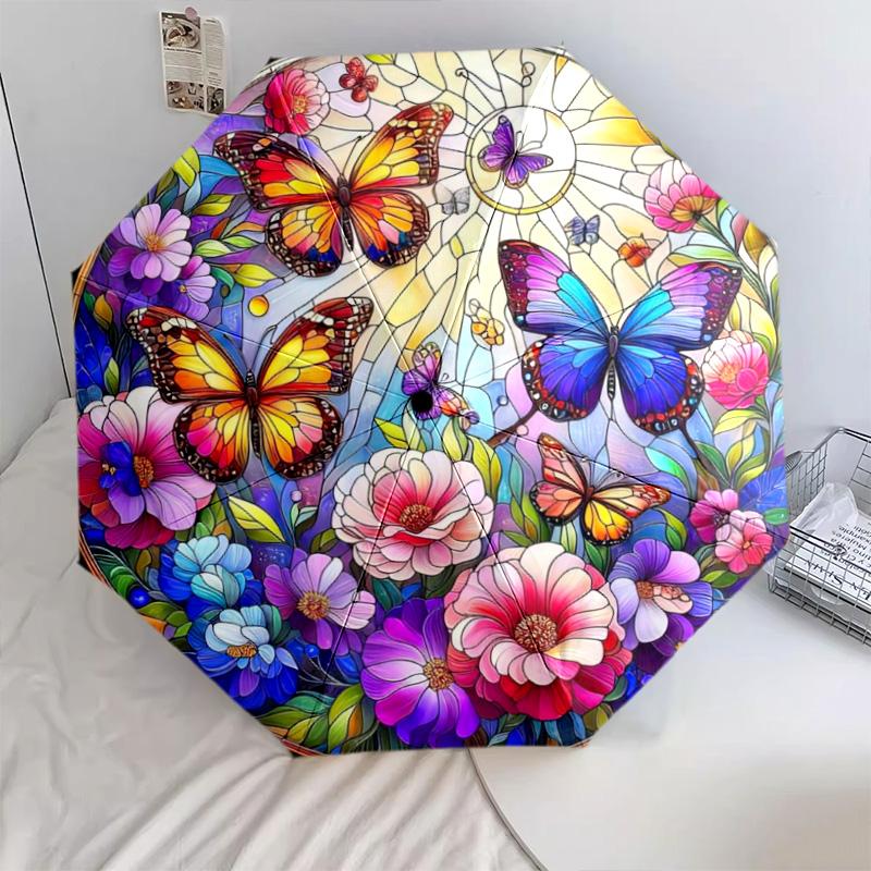 Butterflies Flowers Automatic Umbrella - Suitable Travel Outdoor Portable Umbrella Birthday Gift Daily Essentials