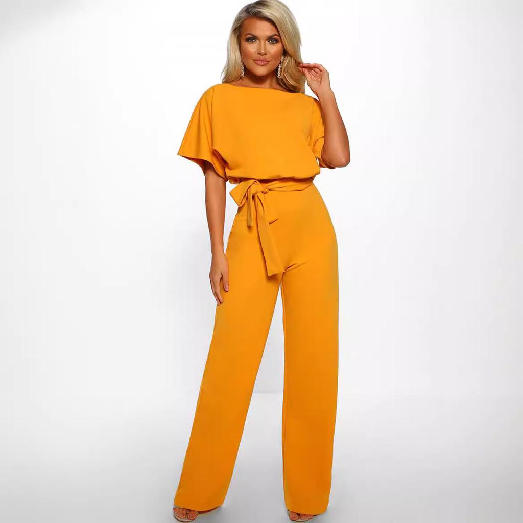 Women's clothing summer Jumpsuit, Elegant Short Sleeve Hollowed Waist Tie Solid Summer Wide Leg Pants
