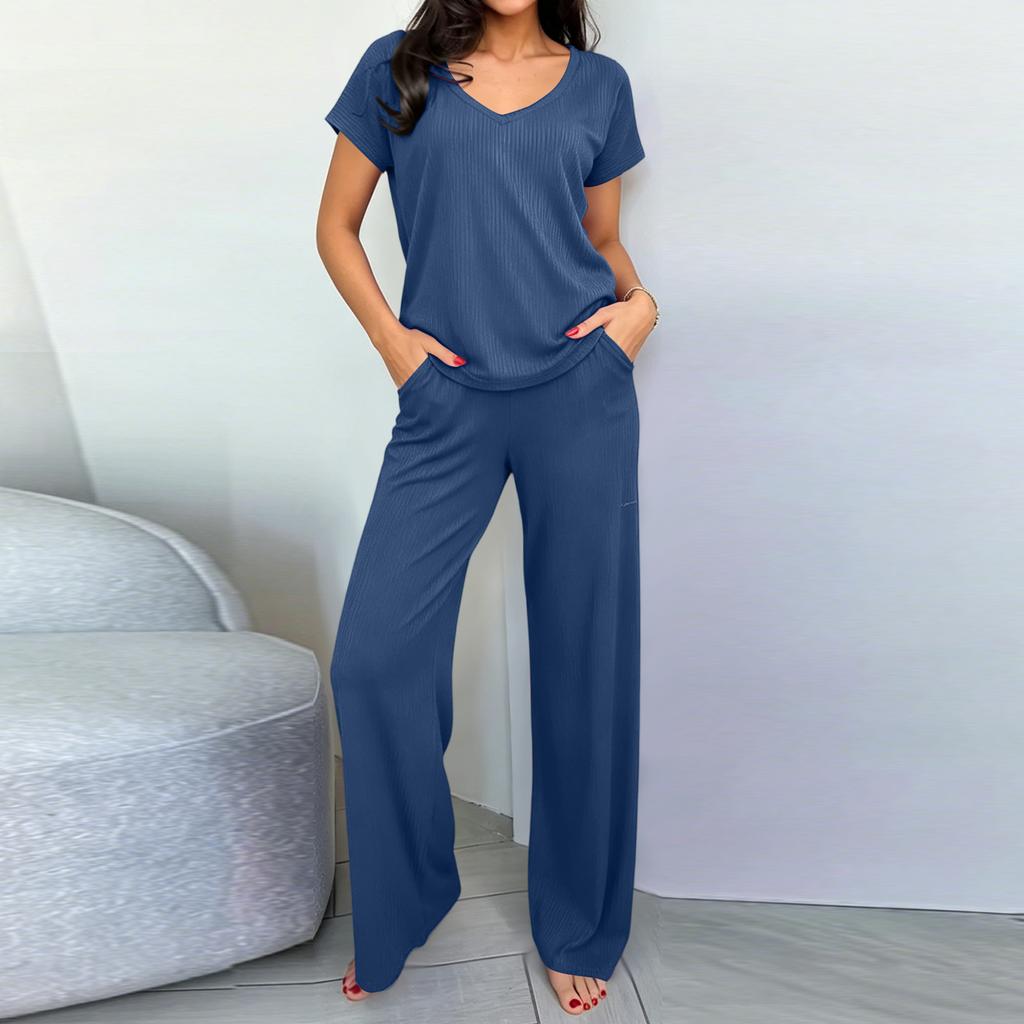Women's Knit Loungewear Two-Piece Set with Pockets for Casual Home Wear