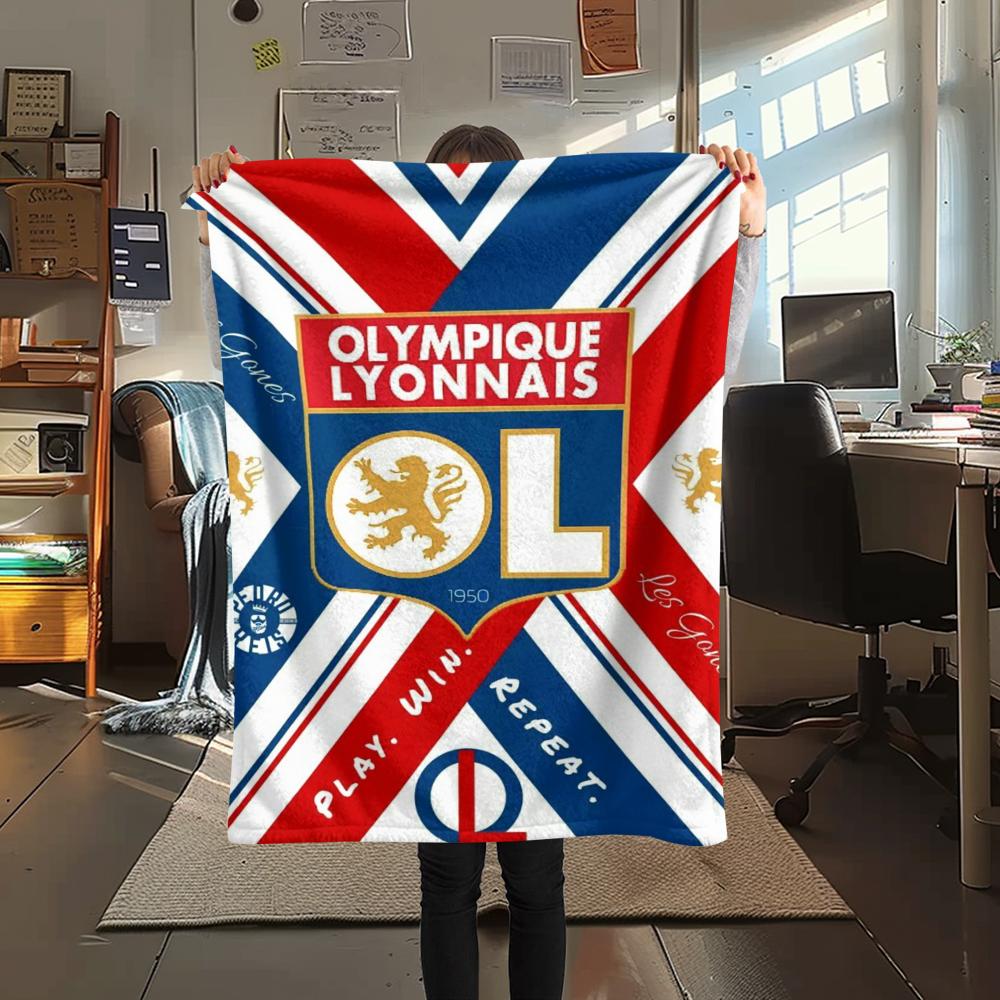 1PC Olympique Lyonnais Print Flannel Blanket, High quality Comfortable for All Seasons, Home Decor, Warmth and Comfort, Perfect for Christmas Gifts