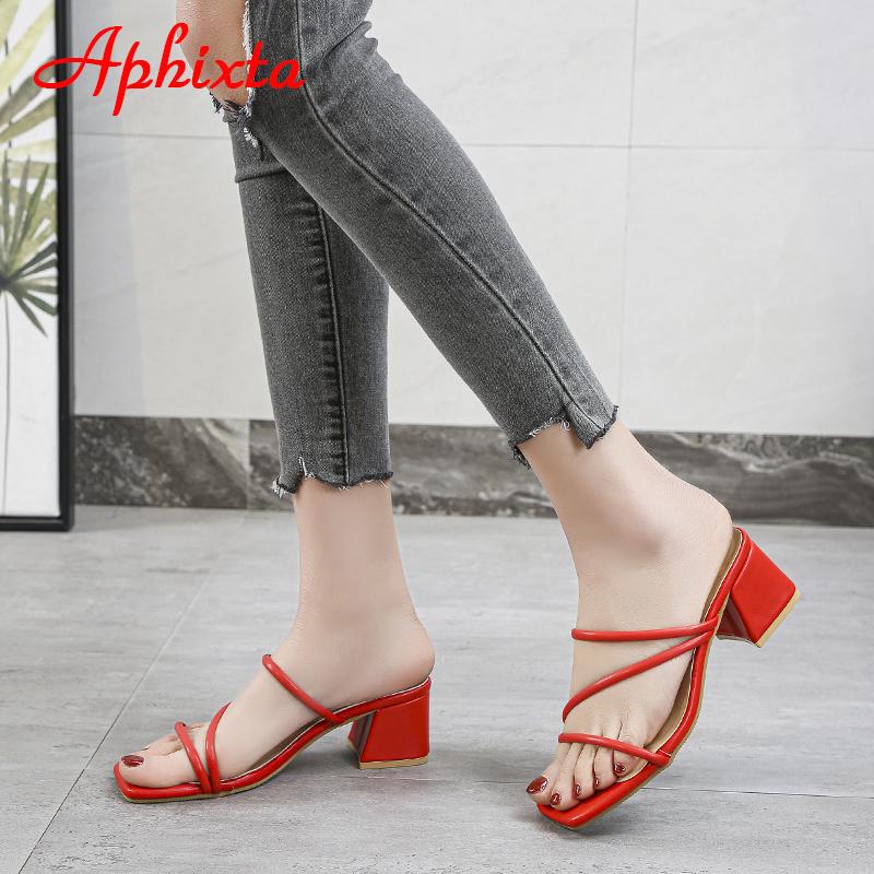 Fashion Aphixta 2025 New 4.5cm Red Low Square Heels Slides Women Simple Peep Toe Flip Flops Cool Summer Slippers Sandals Elegant Shoes