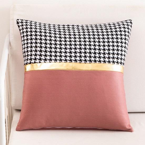 Square Pillow Case Houndstooth Solid Color Golden Strap Splicing Thickened Sofa Bed