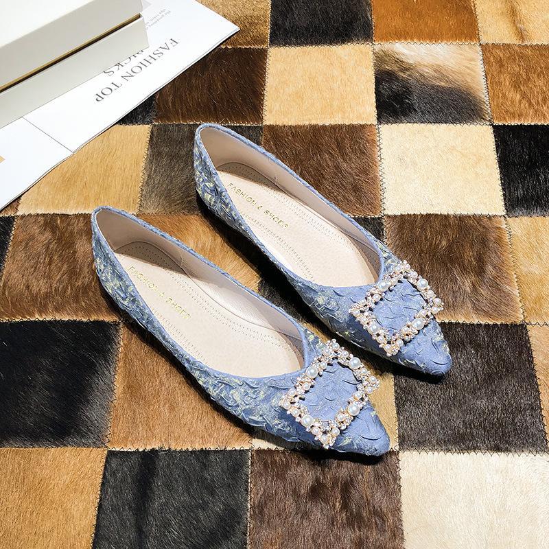 

Элегантные мокасины с пряжкой из кристаллов и жемчуга, женские балетки, удобные атласные балетки, женские туфли с острым носком и жемчугом, женские кроссовки 2024 г. 5 синий