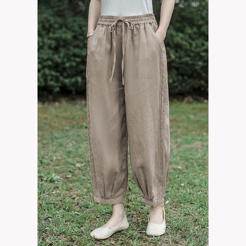 Spring & Summer Retro Floral Patchwork Cotton Linen Cropped Harem Pants for Women XL