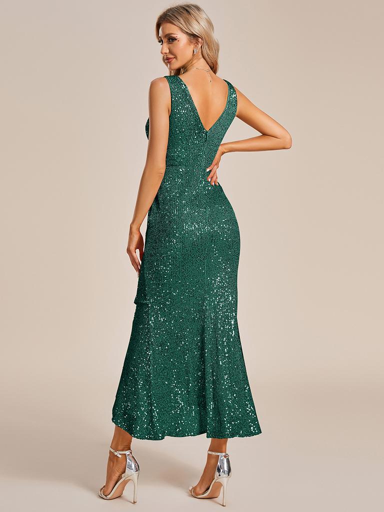 Ever-Pretty Women's Sleeveless Bodycon V-Neck Asymmetrical Hem Sequin Ankle Length Cocktail Dress