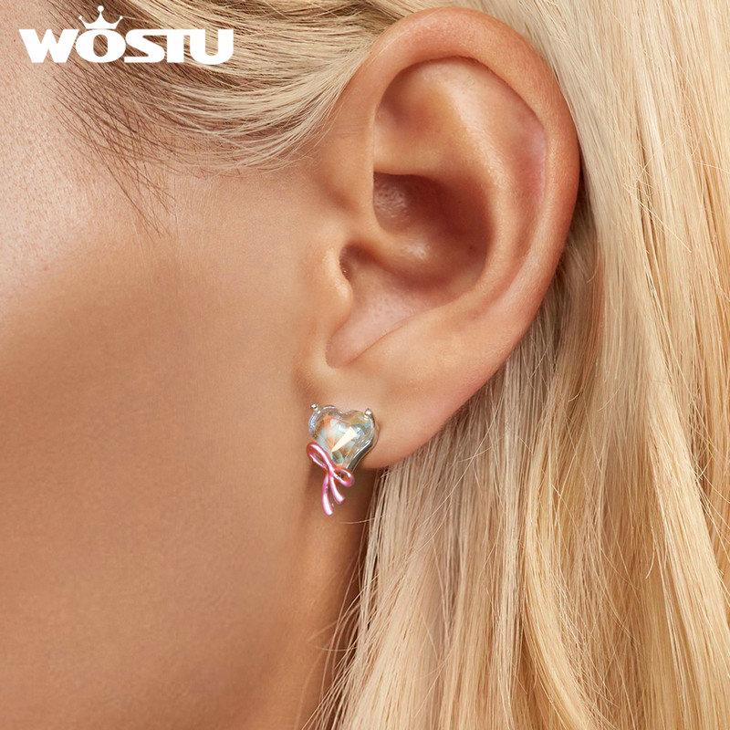 WOSTU 925 Sterling Silver Princess Pink Bow Heart Stud Earrings Women Lovely Crystal Pearl Ear Studs Girl Birthday Jewelry Gift