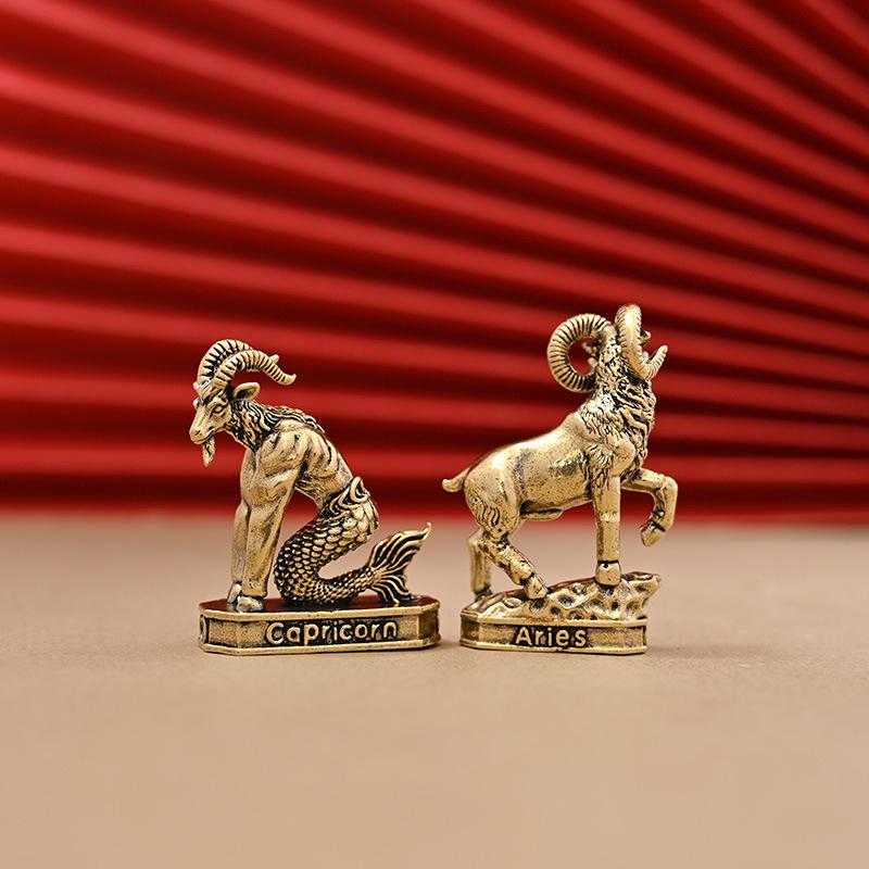 Vintage Brass 12 Constellation Figurines Handcrafted Durable Ornament for Desk Shelf Bedroom Decor Unique Birthday Gift
