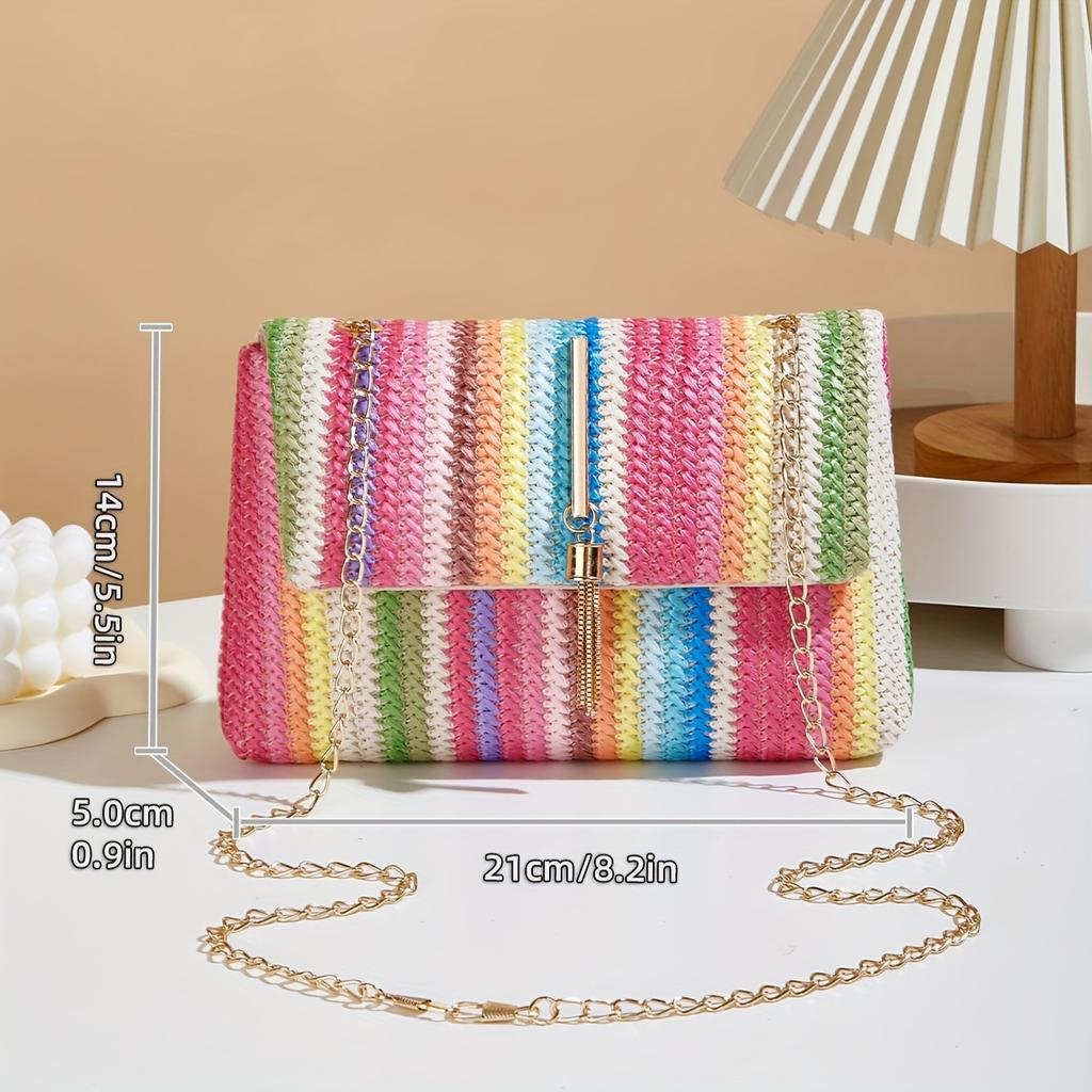 Borsa a tracolla chic a righe arcobaleno in paglia per donna, tracolla regolabile, chiusura magnetica, accento con nappa, portamonete quadrato