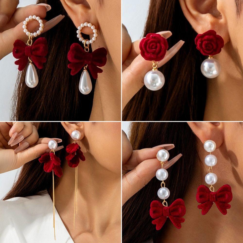 Zinc Zinc Alloy Wine Red Bow Drop Earrings Bowknot New Year Earrings Red Velvet Bow Earrings Decoration
