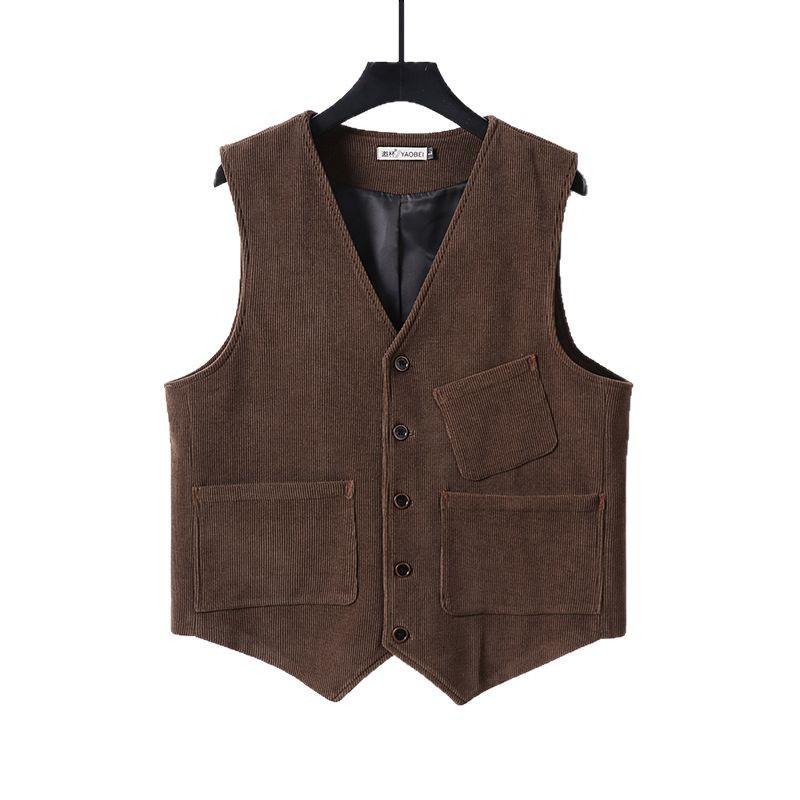 Retro Britische Übergröße Mehrere Taschen Kord Cord Corduroy Fischgrät Casual Schmal Geschnitten Hochzeits Herrenweste
