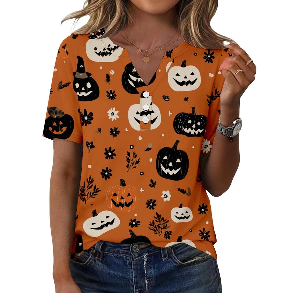 Women Casual Halloween Print V Neck Short Sleeve Button Decor T Shirt Top Lightweight Comfortable Fashionable Design