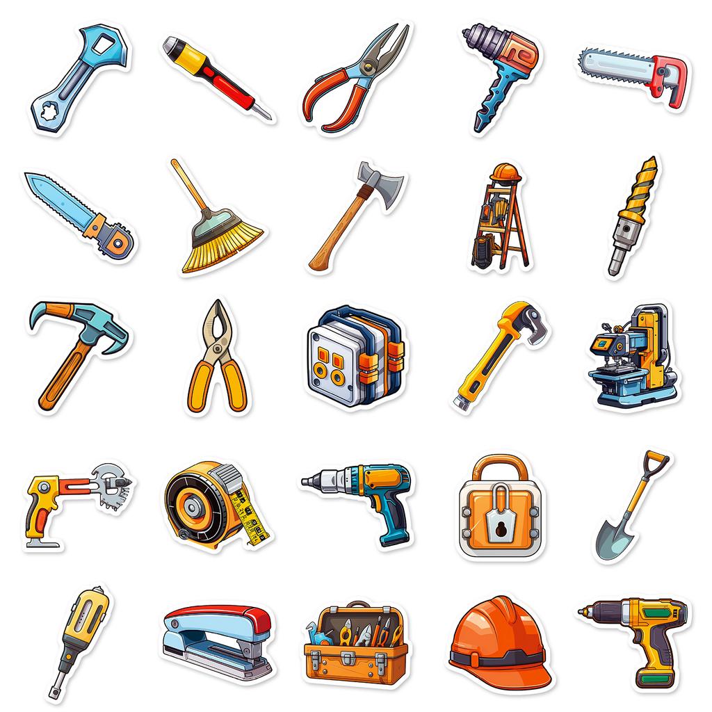 50Pcs Toolbox Graffiti Stickers - Cartoon Axe & Saw Waterproof Decals for Luggage & Skateboard Decor