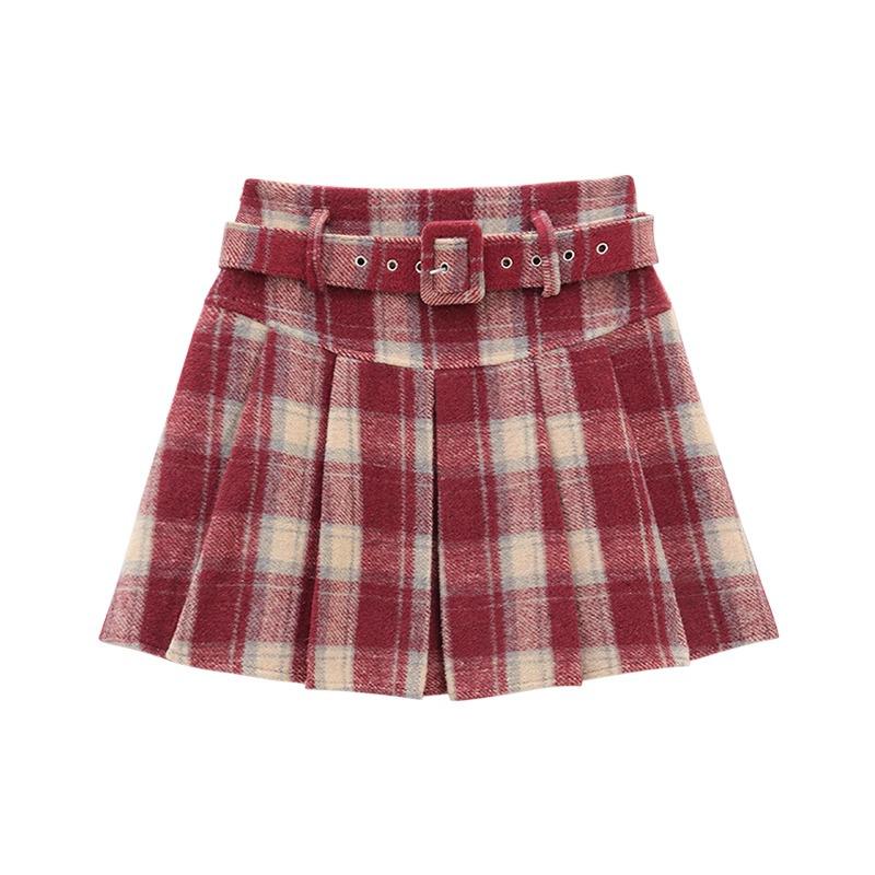 Women's Retro Plaid Wool-Blend A-Line Skirt: High Waist, Slimming, Pleated, Petite, for Spring/Autumn 2025