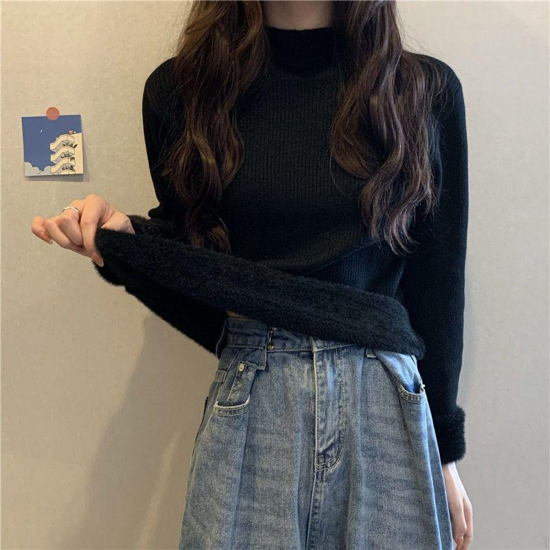 WTEMPO Thickened Sweater Women's Turtleneck Fleece Lined Knitting Top Long Sleeve Pullover Y2k Jumper Autumn Winter Knitwear