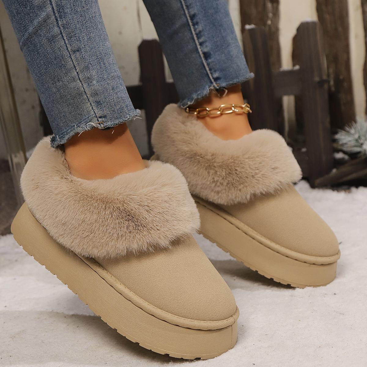 

Fashion Casual Suede Snow Boots Women 2025 Winter Comfort Round Toe Thick Bottom Furry Boots Fashion Faux Fur Decoration Plush Booties 36 бежевый