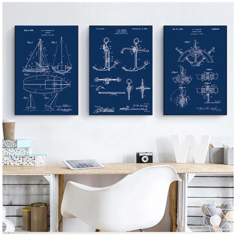 Sailboat Patent Print Vintage Poster Sailor Gifts , Yacht Anchor Ship Wheel Sailing Blueprint Nautical Wall Art Canvas Painting