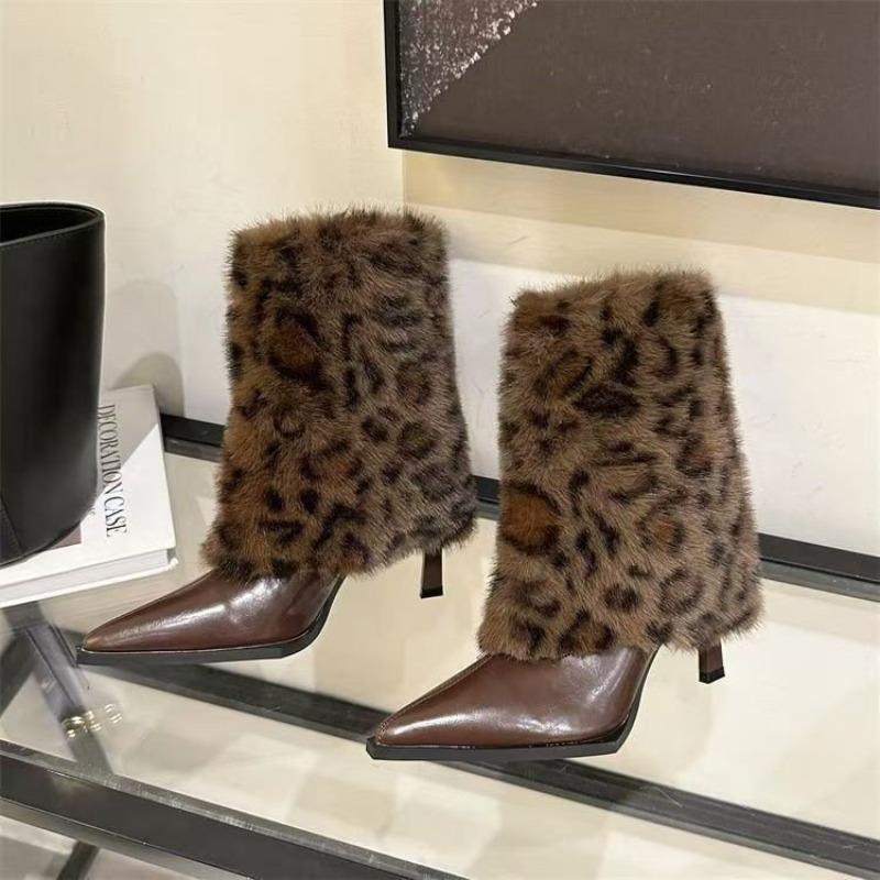 Sharp Pointed Thin Heel Leopard Print Hairy Short Boots for Women Autumn Winter , Niche Pants Boots High-heeled Mid Heeled Boots