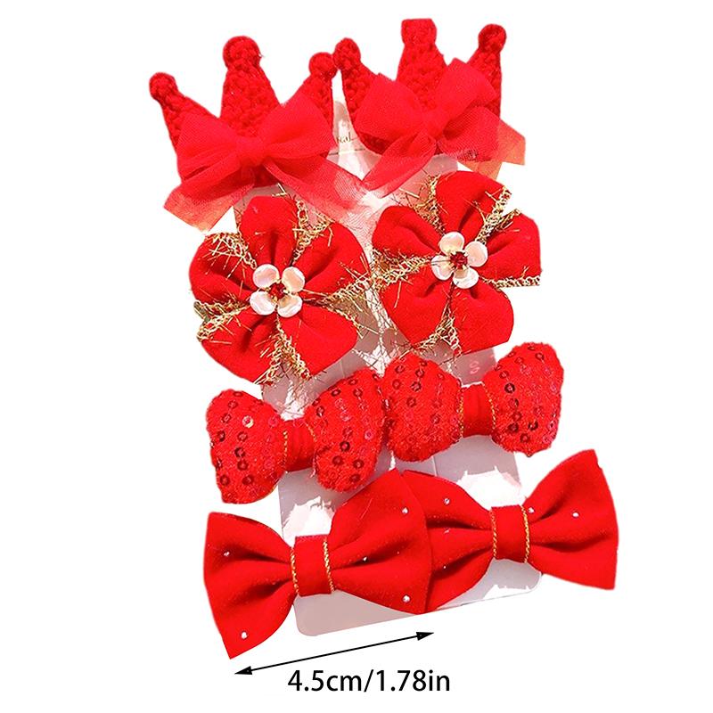 8Pcs/Set Kids Red Bows Hair Clips For Baby Girls Handmade Ribbon Bowknots Hairpins Barrettes  Year Christmas Hair Accessories