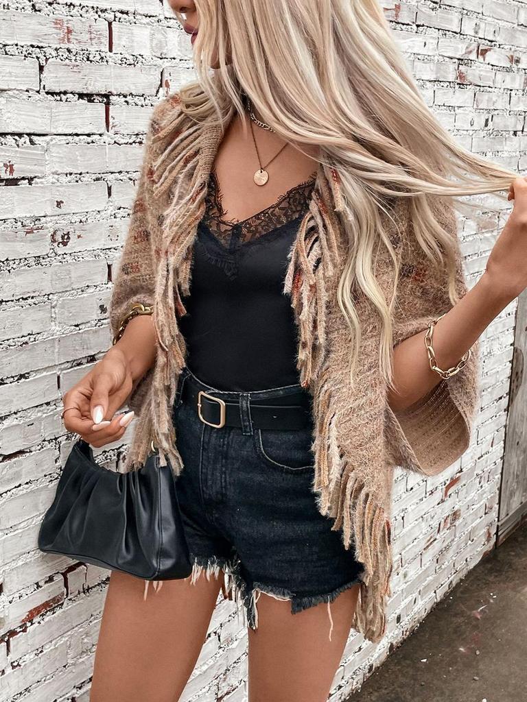 Colorful Striped Knitted Fringe Shawl for Women Autumn Winter New European and American Casual Loose Knit Cape