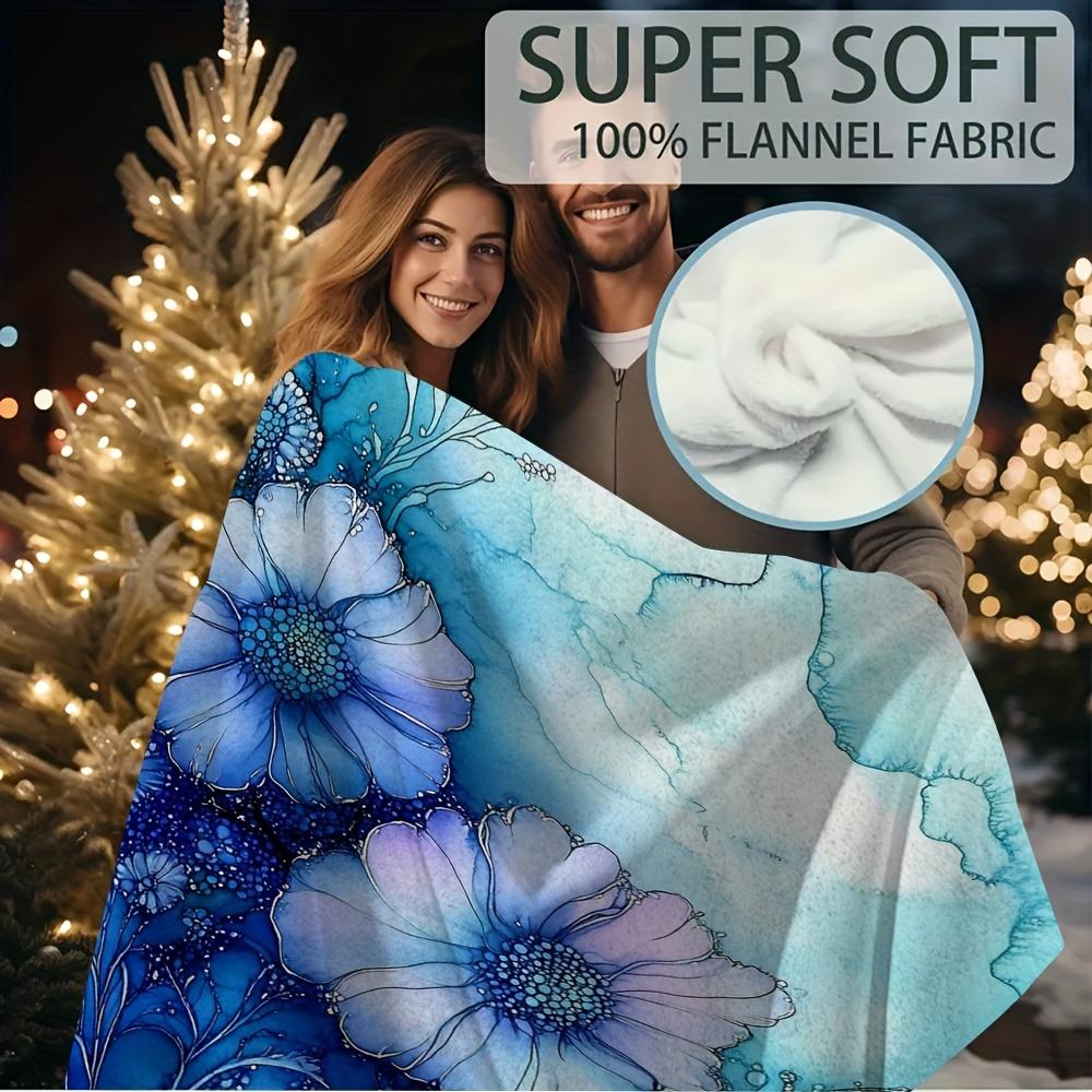 1pc Oversized 60x 80 Inch Soft Blanket-one-sided Printed Floral Print with Blue Flower Blanket In Alcohol Ink