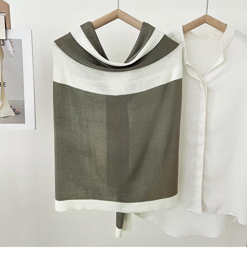 Navy Style Knitted Shawl for Women: Spring/Summer Sun Protection, Air-Conditioned Room Wear, Color Block Design, Fake Collar.