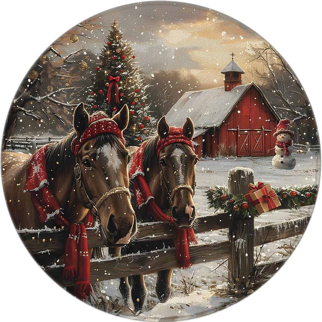 Winter Farm Theme Round Rug Rustic Country Style Forest Deer Horse Decor Carpet Home Indoor Decor Mat for Living Room Bedroom