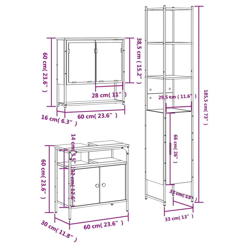 3 Piece Bathroom Furniture Set Smoked Oak Wood Based Material