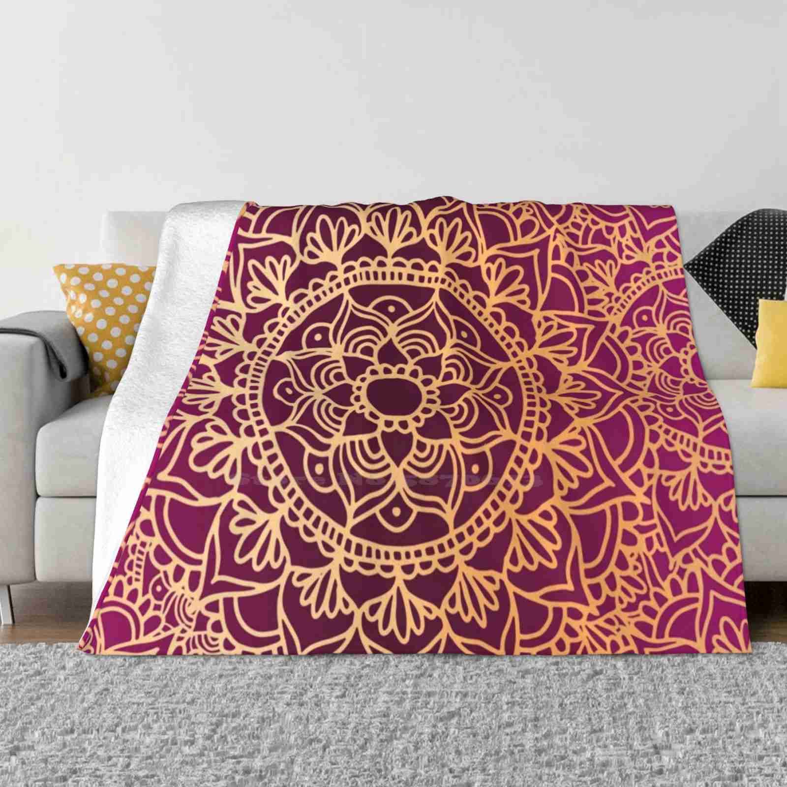 Pink And Gold Mandala Pattern Fashion Soft Warm Flannel Blanket Mandala Pattern Pink Mandala Pink Gold Yellow Ethnic Floral 30x40in