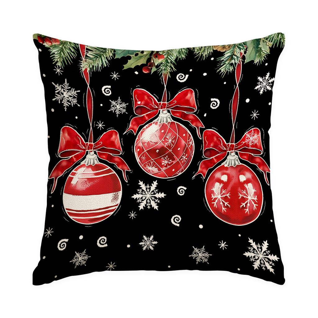 1/4Pcs Black Christmas Pillowcase, Snowflake Bow Christmas Ball Cushion Cover, Snowman Cardinals Holly Leaf Pattern Pillow Cover