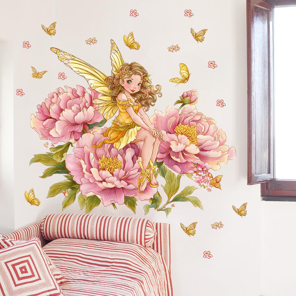 Creative Cartoon Hand Painted Flower Fairy with Butterflies Wall Sticker Self-Adhesive Removable for Kids Room Home Decor