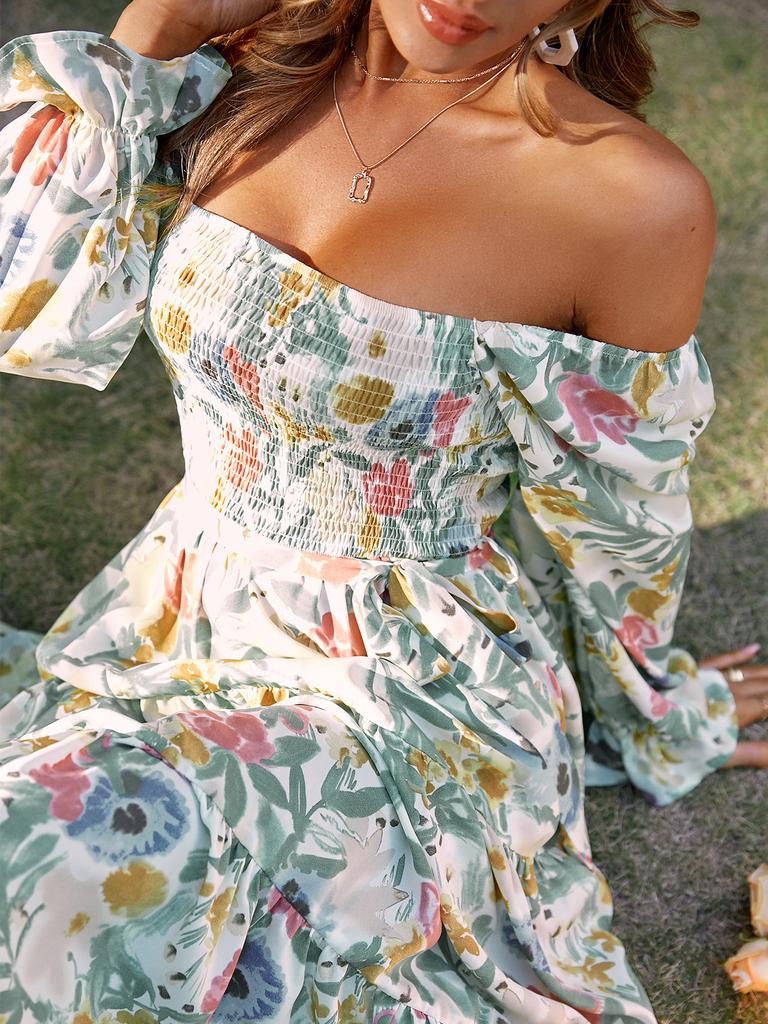 Summer new square neck horn long sleeve high waist dress loose long dress