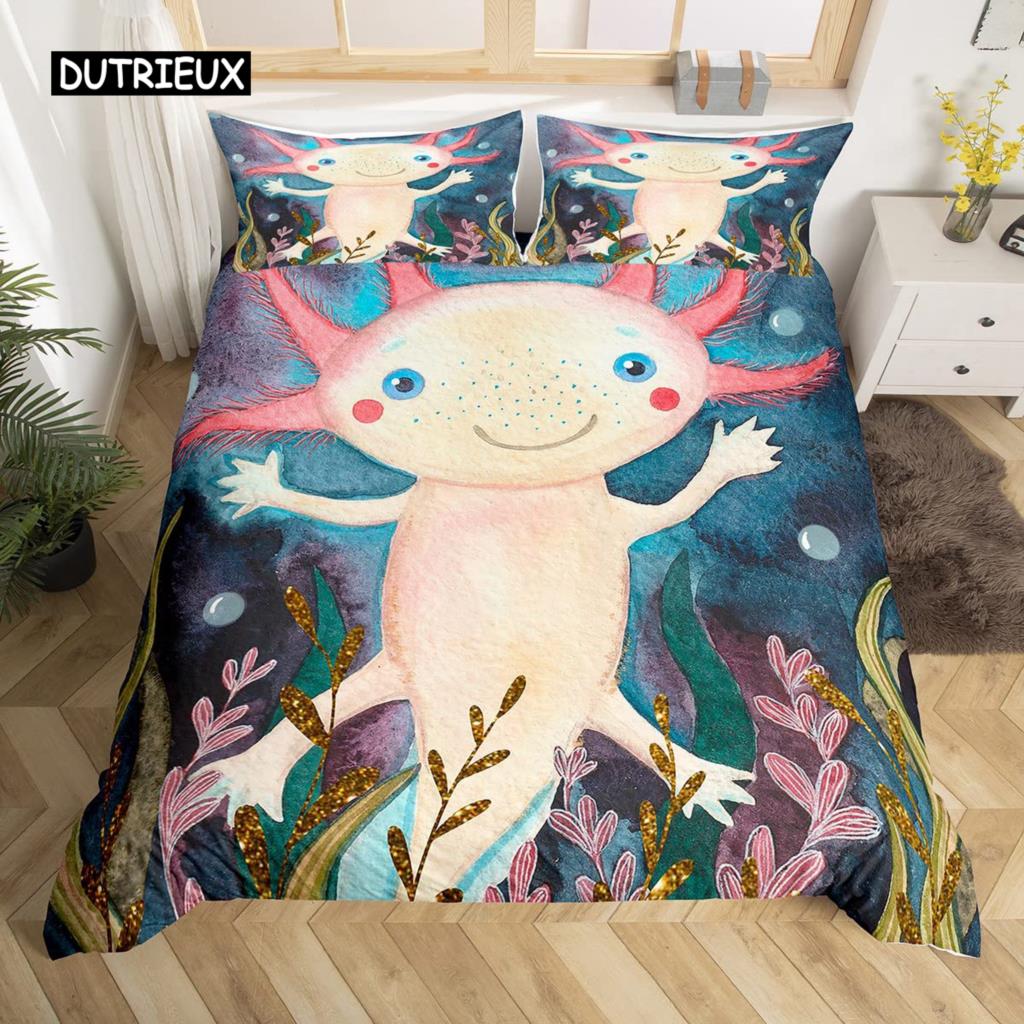 Axolotl Duvet Cover Set Pink Newt Wildlife Comforter Cover with Pillowcases Cartoon Octopus Animal Kawaii Style Twin Quilt Cover