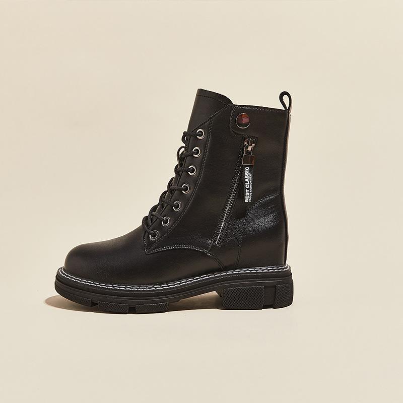 Autumn leather Martin boots women's side zipper women's leather boots thick-soled inner height-increasing casual shoes