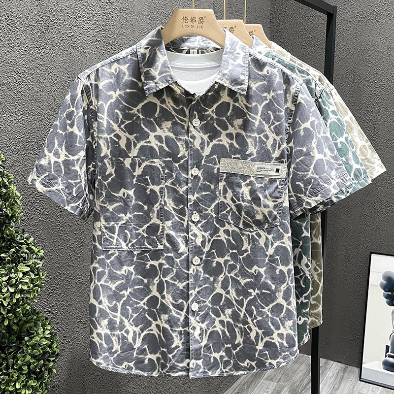 Men Water Ripple Print Shirt Short Sleeve Button Down Chest Pocket Casual Streetwear Shirt for Men