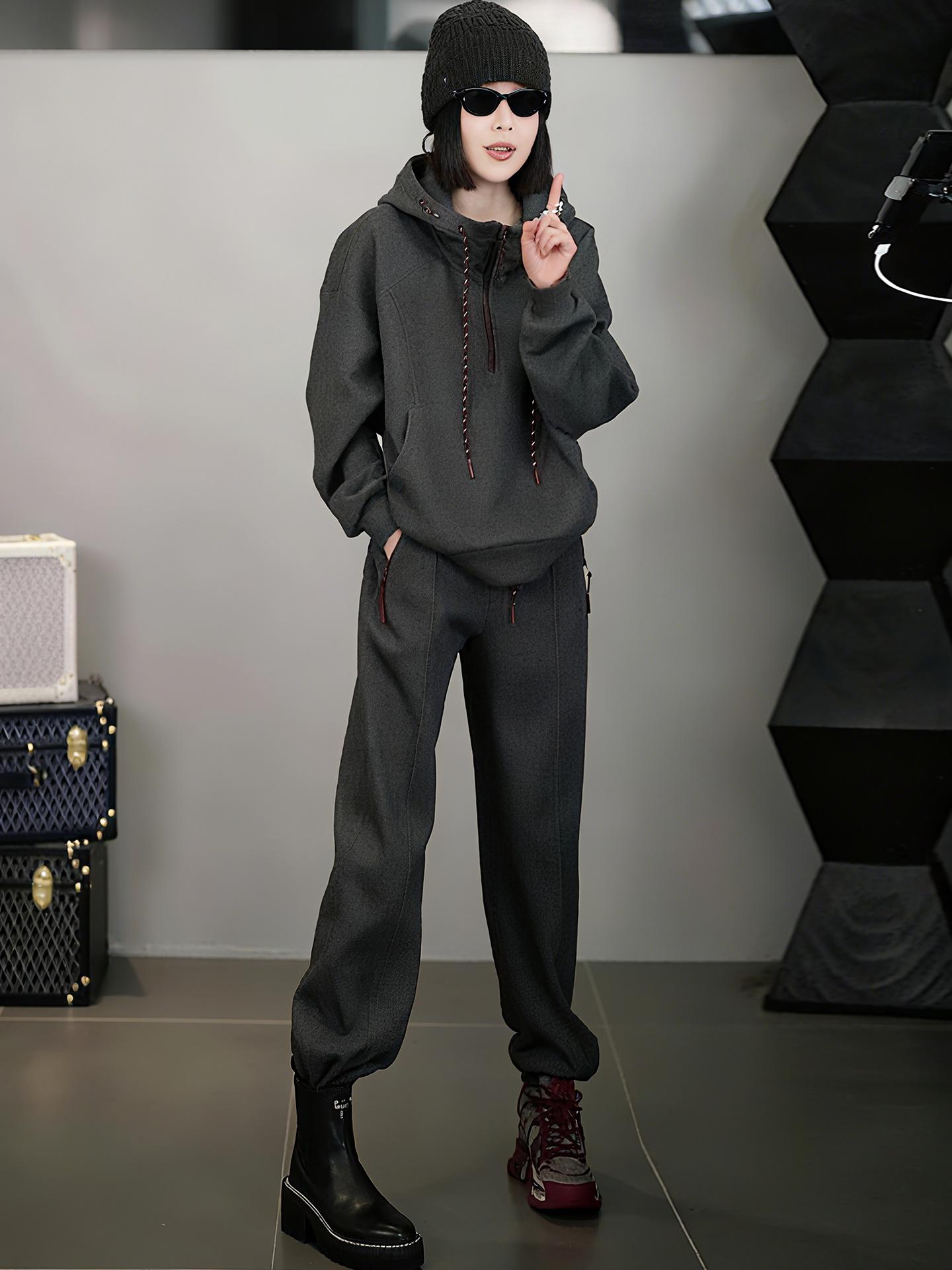 European 2025 Winter Women s Casual Hoodie & Wide-Leg Pants Set S