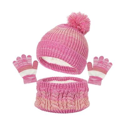 Ensemble 3 Pièces/Set Chapeau Enfant Tour de Cou Gants Tricotés Épaissis Décoration Pompon