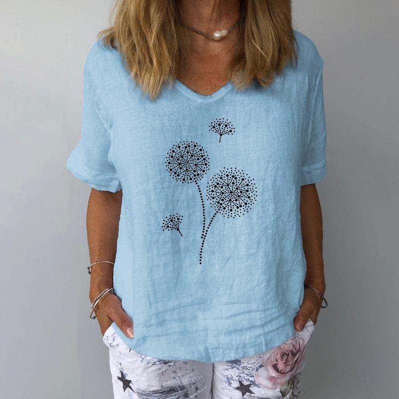 Mode Baumwolle Leinen Lose Beiläufige Bluse Frauen Vintage Kurzarm Gedruckt Hemd Frauen Elegante V Hals Büro Dame Tops