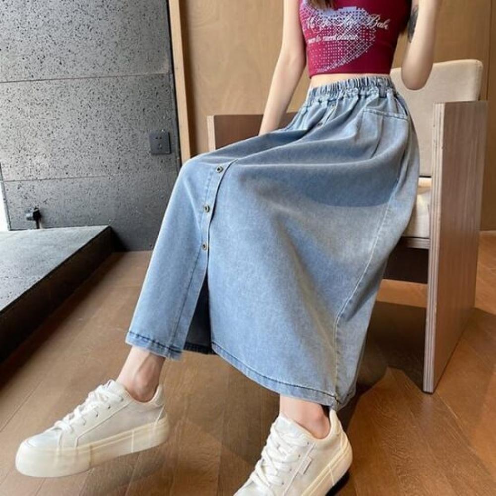 Navava Women Casual Button Point Banding Denim Long Skirt Ns479
