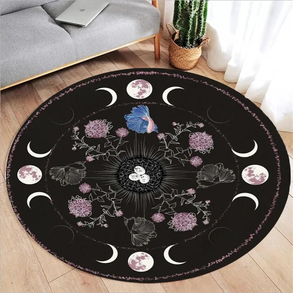 Bohemian Star Moon Printed Round Carpet Plant Butterfly Tarot Moon Phase Flower Round Rug Witchcraft Astrology Round Mat